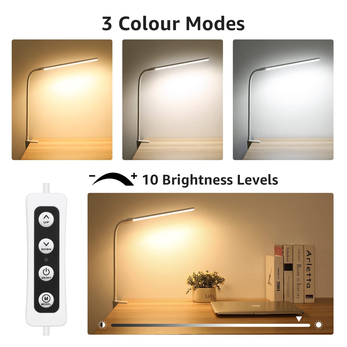 Lepro Clip on Desk Lamp LED, Dimmable with 3 Color Modes, 10 Brightness Levels, Adjustable Gooseneck, White, Model PR310005-DWW