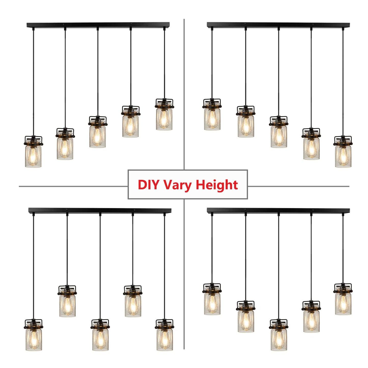 Foucasal Pendant Light Kitchen Island Lighting  5-Light Pendant Ceiling Light Fixture  67.71 Inches Hanging With Clear Glass Shade Farmhouse Chandeliers For Dining Room Bedroom Hallway - Black