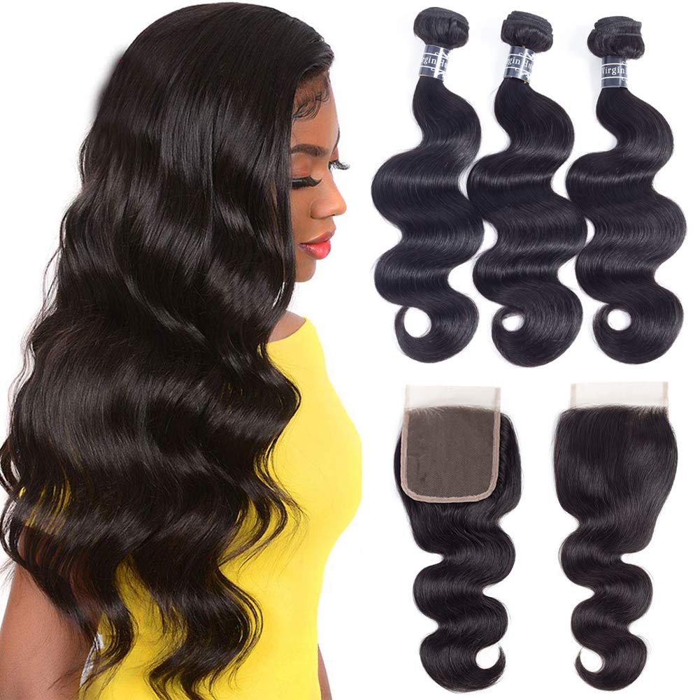 Amella Hair 8A Brazilian Body Wave Hair Bundles with Closure(18 20 22 +16 Free Part) 100% Unprocessed Brazilian Virgin Body Wave