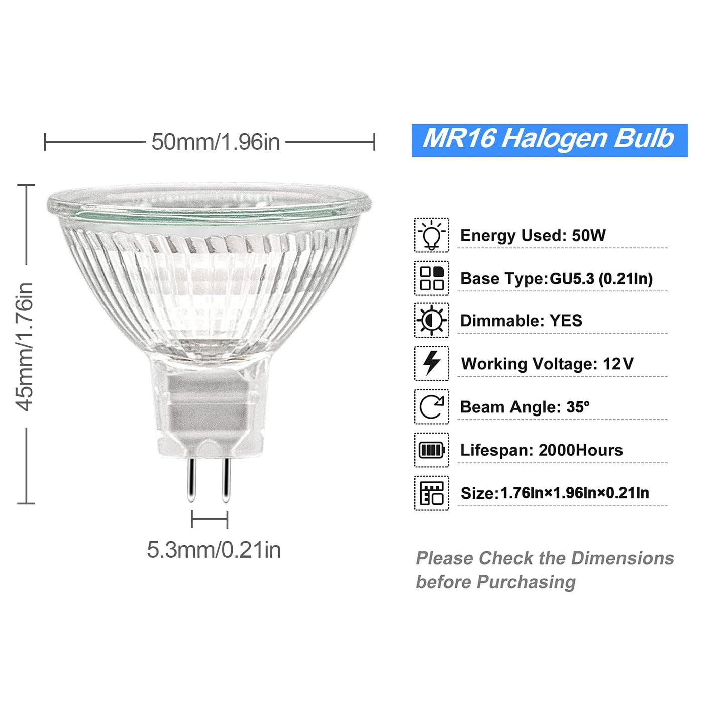 ETUOLMP MR16 Halogen Bulb 50W 12V, Durable 6 Packs High Output Halogen Light Bulbs 2 pin GU5.3 Base for Landscape Lights, Track Lights, Fiber Optics, Desk Lamps, Dimmable, 2700K Warm White