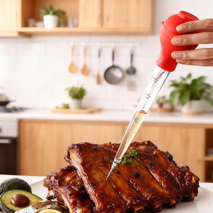 Turkey Baster Syringe Large, Long Meat Basters for Cooking & Basting, Plastic Turkey Baster with Marinade Injector Needle, Silicone Bulb & Basting Brush and Cleaning Brush, Red 3/4 oz