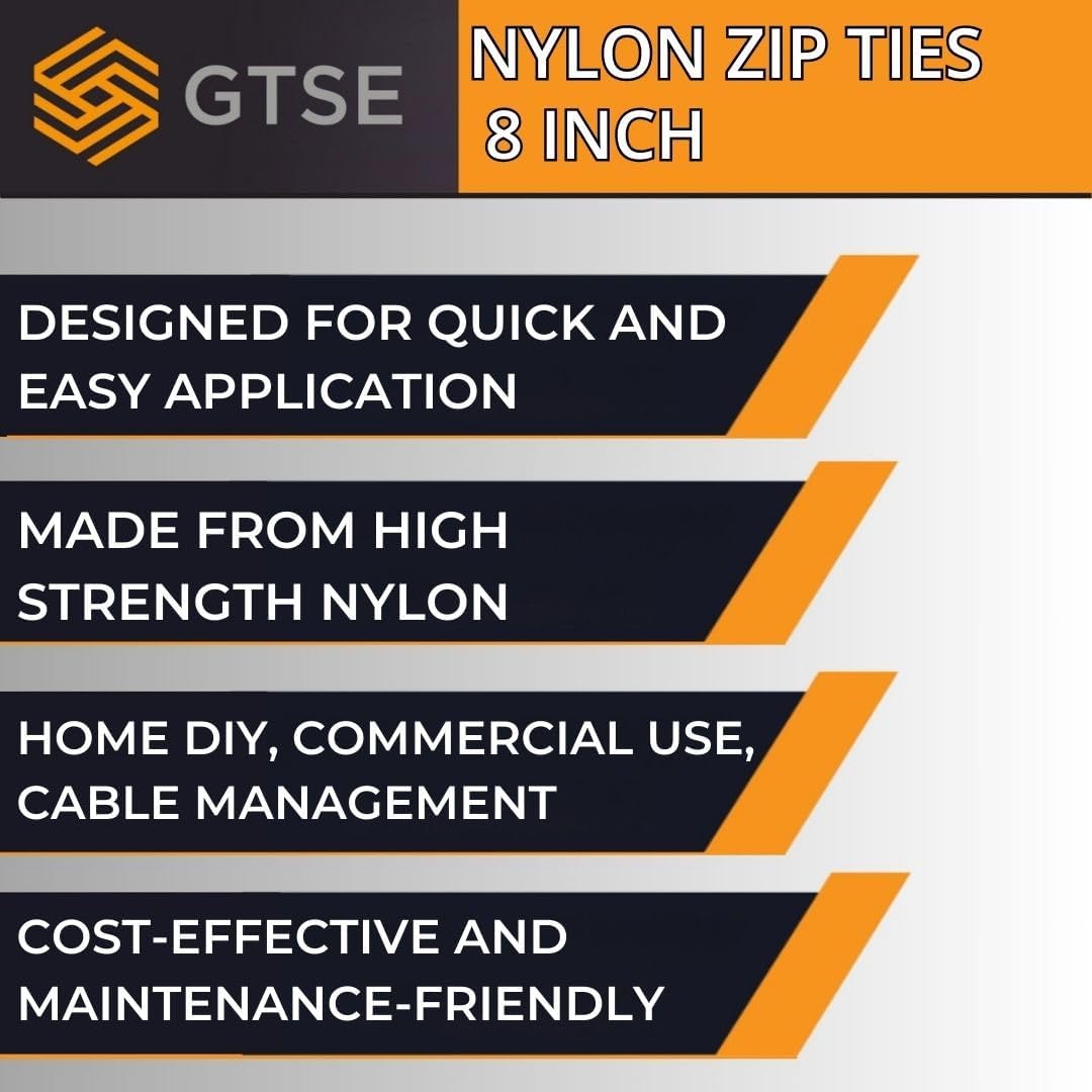 GTSE 8 Inch Yellow Zip Ties, 100 Pack, 18lb Strength, UV Resistant Strong Nylon Cable Ties, Self-Locking 8" Tie Wraps