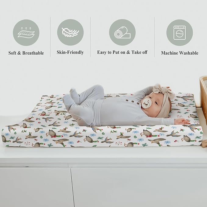 Christmas Mallard Ducks Changing Pad Covers for Baby Girl Boy Winter Green Ducks Fir Leaves Snowflakes Fitted Change Table Cover Mats Hunting Ducks Soft Diaper Changing Table Sheets 32''×16''