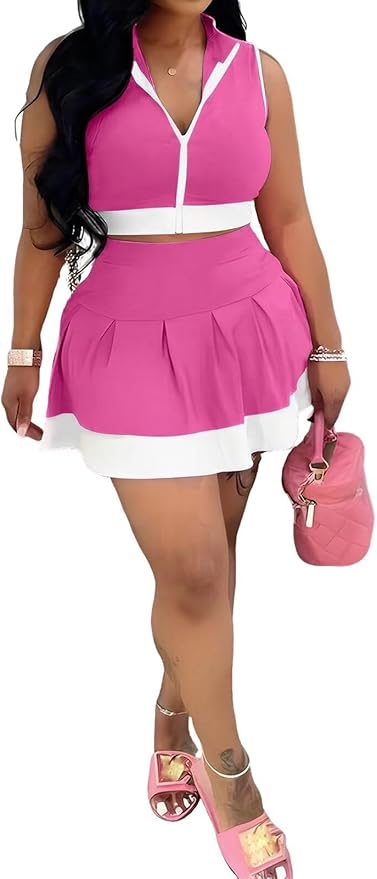 Ophestin Women 2 Piece Outfits Colorblock Workout Tennis Skirt Sets Zipper Crop Top Pleated Mini Dress Going Out Party