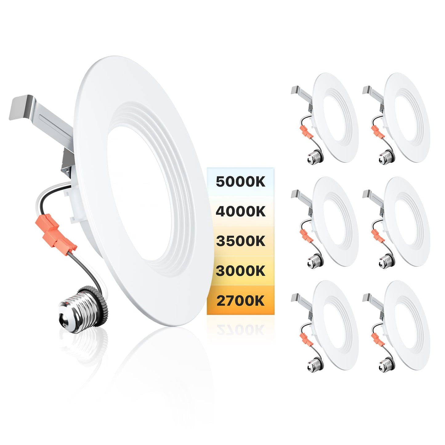Ensenior 5/6 Inch 5CCT LED Can Lights 6 Pack, Retrofit Led Recessed Lighting, Baffle Trim, Dimmable, 9W=110W, 1000LM, 2700K/3000K/3500K/4000K/5000K Selectable, IC Rated - FCC Certified
