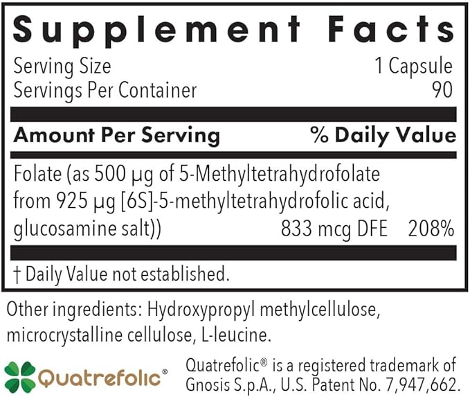 Allergy Research Group QuatreActiv Folate Supplement - Methylfolate, 5-MTHF, Methylation Support, Quatrefolic, Vegetarian Capsules - 90 Count