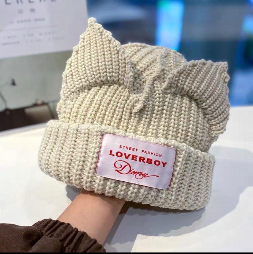 VPTMRP Cat Ear Knit Wool Cap Warm Slouchy Crochet Hat (Beige)