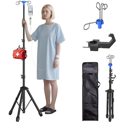 Foldable IV Pole Stand, Portable Telescoping Floor Stand with 4 Hooks, Height Adjustable, Travel Infusion Pole for Home Ca...