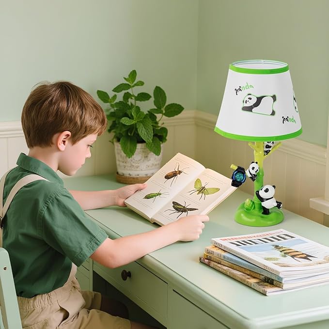 Table Lamp for Kids, 16 Inch Cute Panda Bedside Lamp with LED Bulb, Animal Resin Desk Lamp for Boys Girls Bedroom or Nursery Decor
