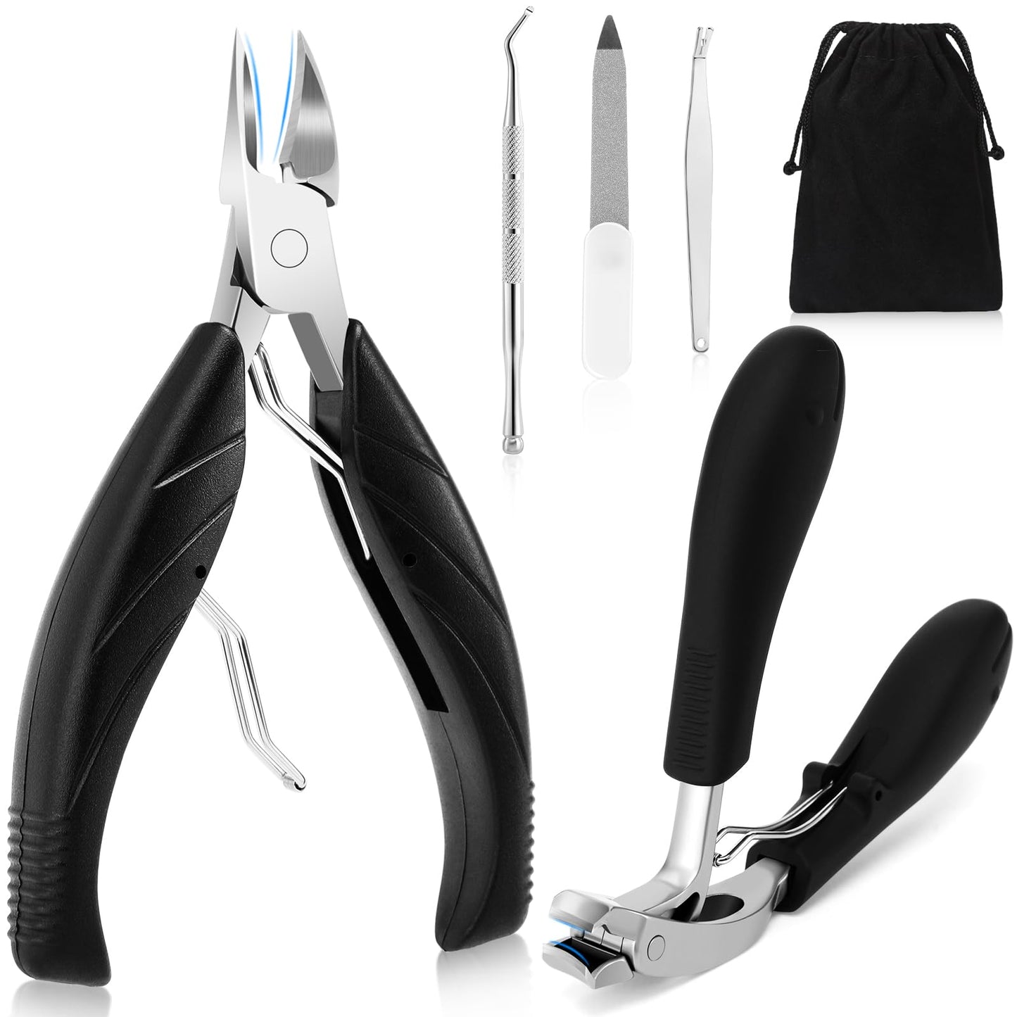 SmilVie Toe Nail Clippers for Seniors, Dual- Angled Head & Long Handle, Heavy Duty Ingrown Toenail Clipper Set for Men (Black 5-