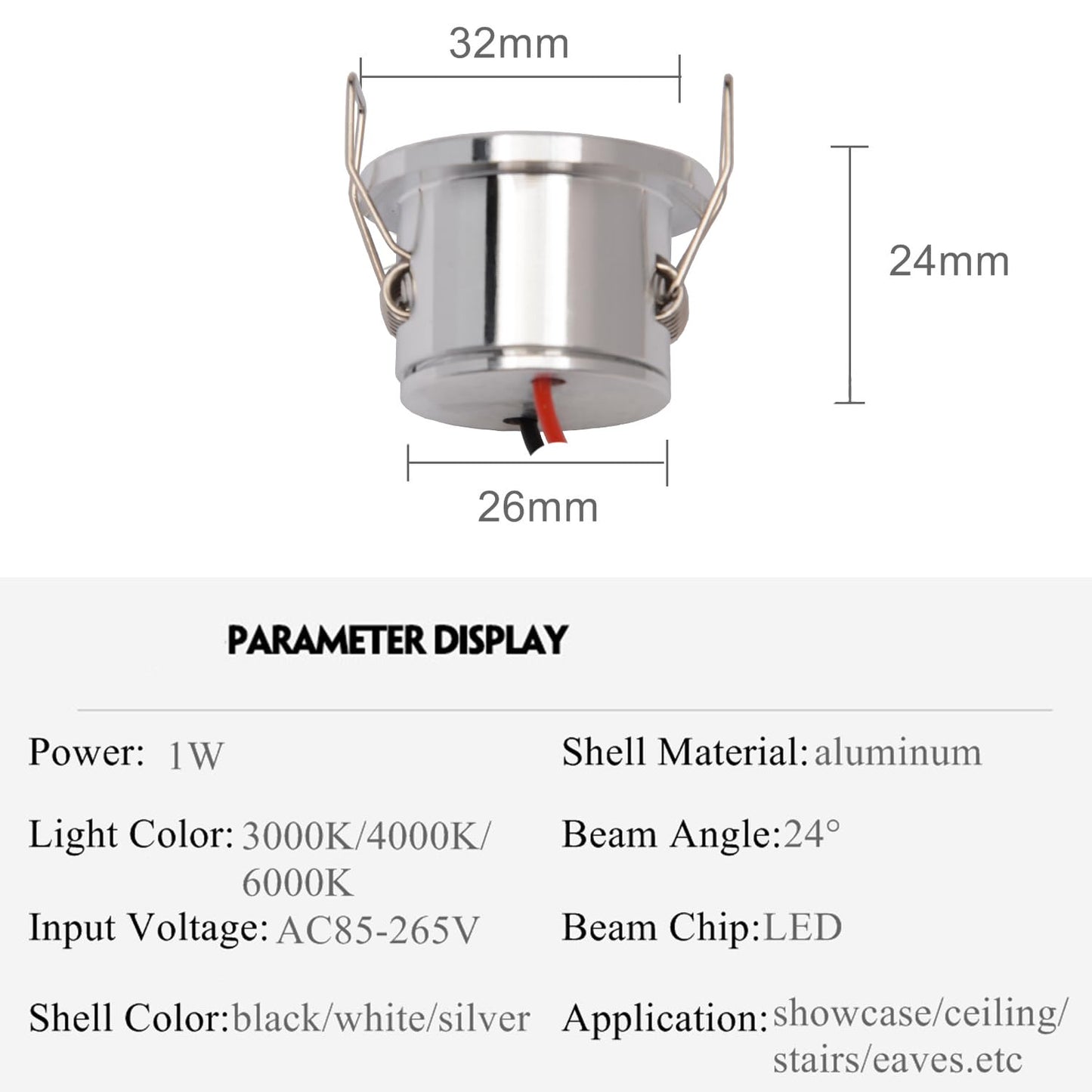 Scpopfer 2Pack 1W Mini Spotlights Recessed Ceiling Showcase Display Under-Cabinet Indoor Lights Fixture With Ac 110V 220V To Dc3-12V Led Power Supply Driver 3000K Warm-White Lighting Silver-Shell