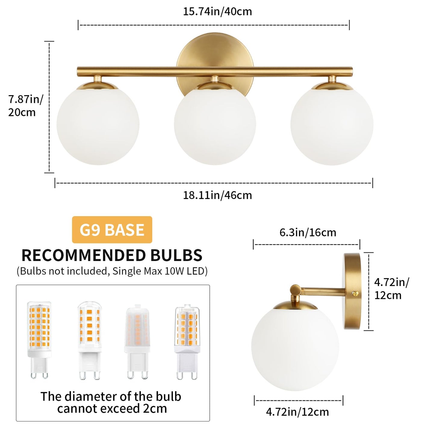 Foucasal Globe Bathroom Light Fixtures 3-Light Brass Gold Vanity Light With Plastic Milk White Globe Shades 11.81 Inch Wall Sconce Lighting Over Mirror  Vanity Lights For Bathroom Bedroom Hallway