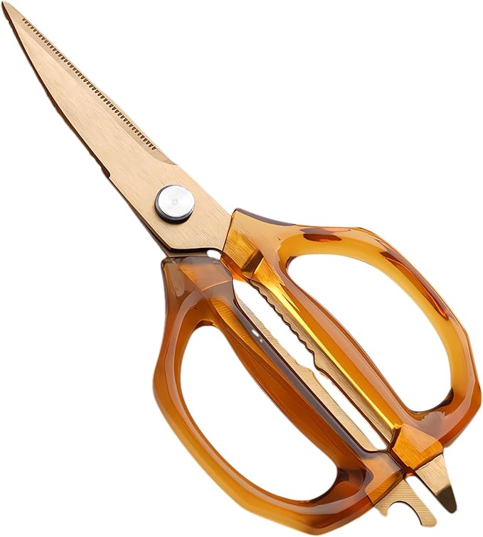 Jasni Transparent Handle Stainless Steel Sharp Powerful Kitchen Scissors Multi-Purpose Heavy Duty Food Scissors Kitchen Shears Chicken Poultry bone fish scales (Amber handle gold blade)