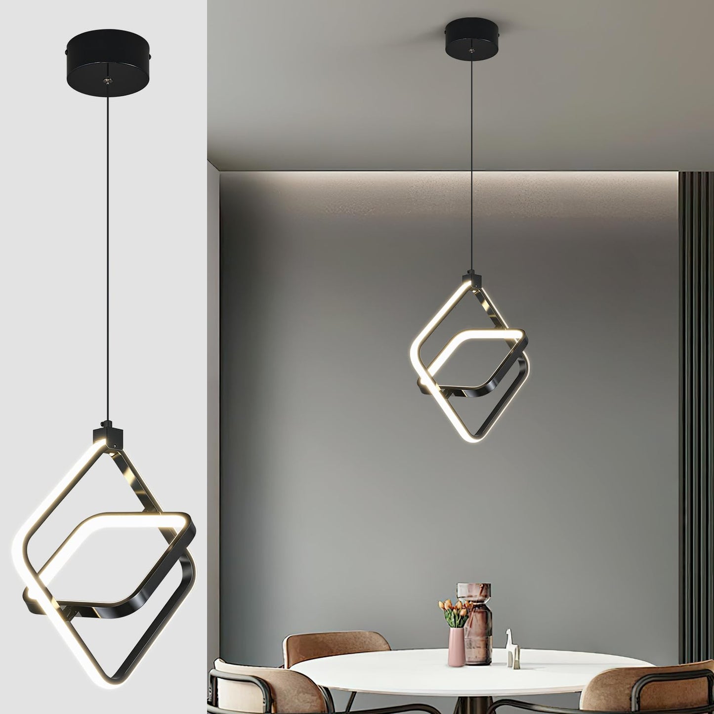 Bnhhlz Modern Led Pendant Lights Plated Black Rectangular Pendant Light Fixtures 4000K 20W Dimmable Pendant Lighting For Dining Room Kitchen Island Bedroom Living Room Foyer(1-Pack)