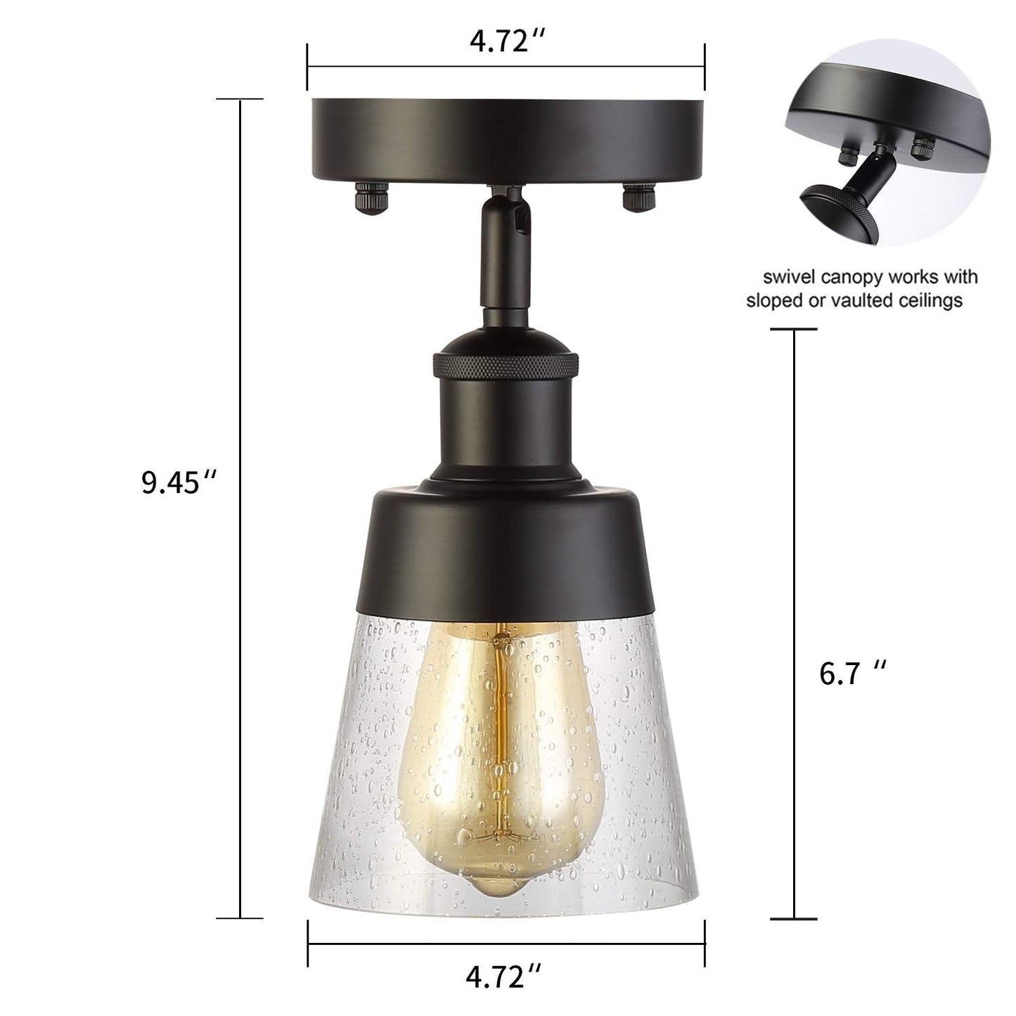 Fivess Lighting Industrial Glass Semi Flush Mount Ceiling Light, Black, 9.45x4.72x4.72 inches, Metal, Model fss3205