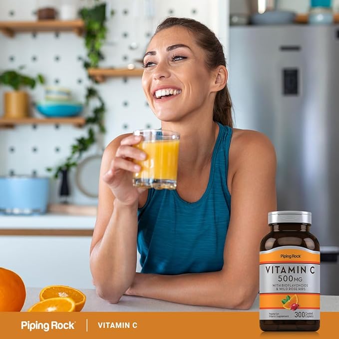 Piping Rock Vitamin C 500 mg with Bioflavonoids & Rose HIPS | 300 Caplets | Vegetarian, Non-GMO, Gluten Free Supplement