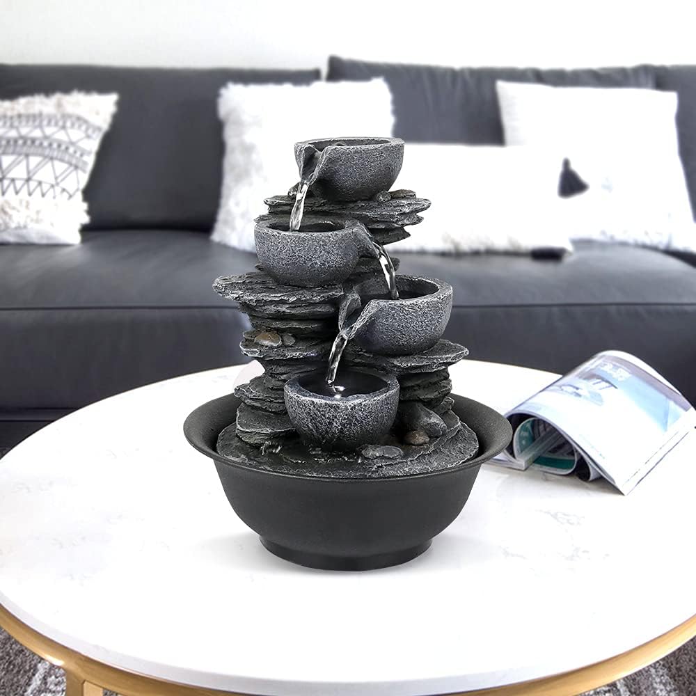 10.6inch Rock Indoor Water Fountain Zen Meditation Tabletop Fountain with LED Light for Home Office Bedroom