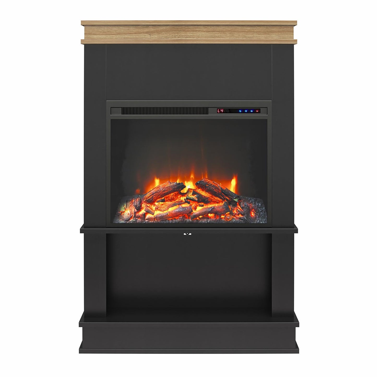 Ameriwood Home Mateo 30" Electric Fireplace, Black, Engineered Wood, Freestanding, Remote Control, Realistic Log & Flame Effect, Model 1081501COM