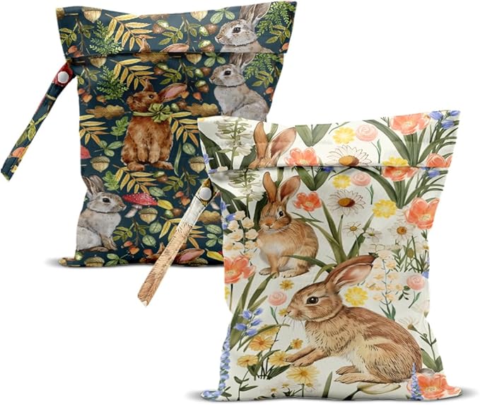 2Pcs Bunny Wet Bag 12x10 Inch, Rabbit Waterproof Reusable Wet Dry Bags, Floral Washable Travel Laundry Bags for Swimsuit Pool Beach Diapers Dirty Yoga Gym Clothes, Flowers Gifts for Women Friend