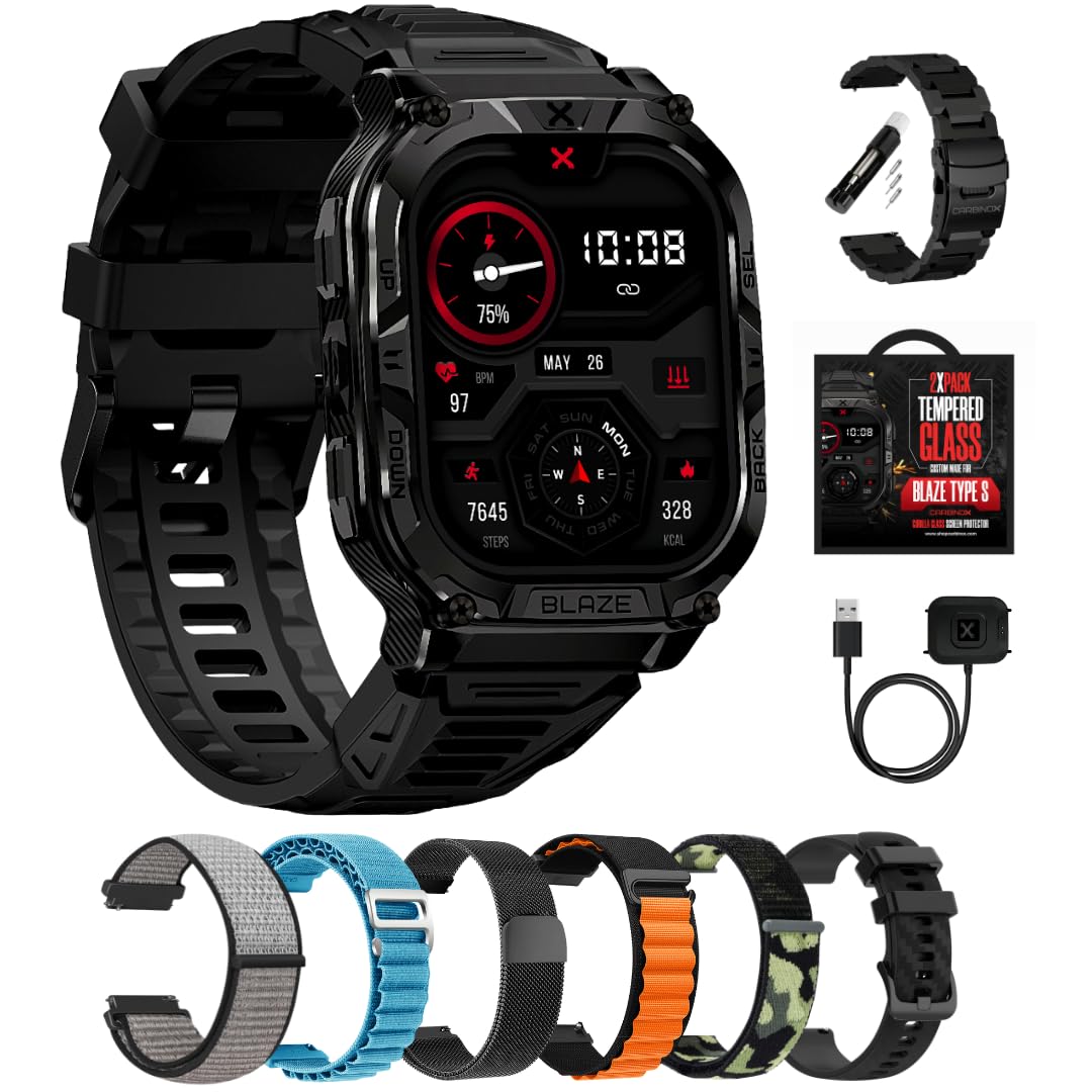 CARBINOX Blaze Smart Watch Ultimate Pack with GPS, Rugged Fitness Tracker Waterproof IP69K, Compatible with Android and iOS, 170+ Sports Modes, Make/Receive Calls (Square)