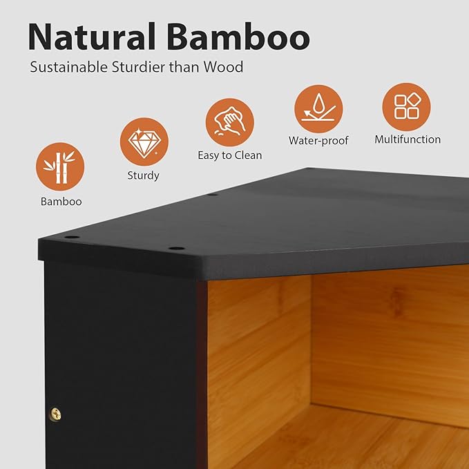 Bamboo Corner Bread Box for Kitchen Countertop, Black Bread Storage Box, Double-Layer Round Wooden Breadbox with Acrylic Transparent Window installed under cabinets, Store Various Foods and Items