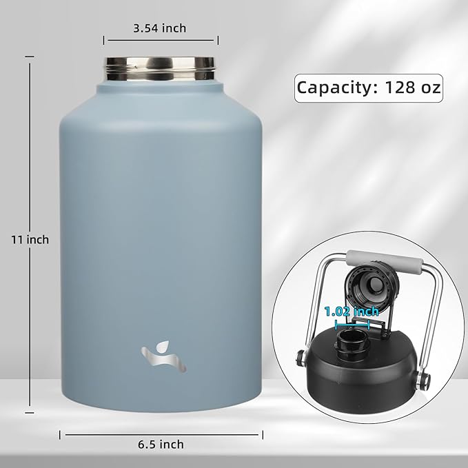 1 Gallon Jug with Handle,128 oz Insulated Water Bottle with Carrying Pouch, Double Wall Vacuum Stainless Steel Metal Bottle,Storm Blue