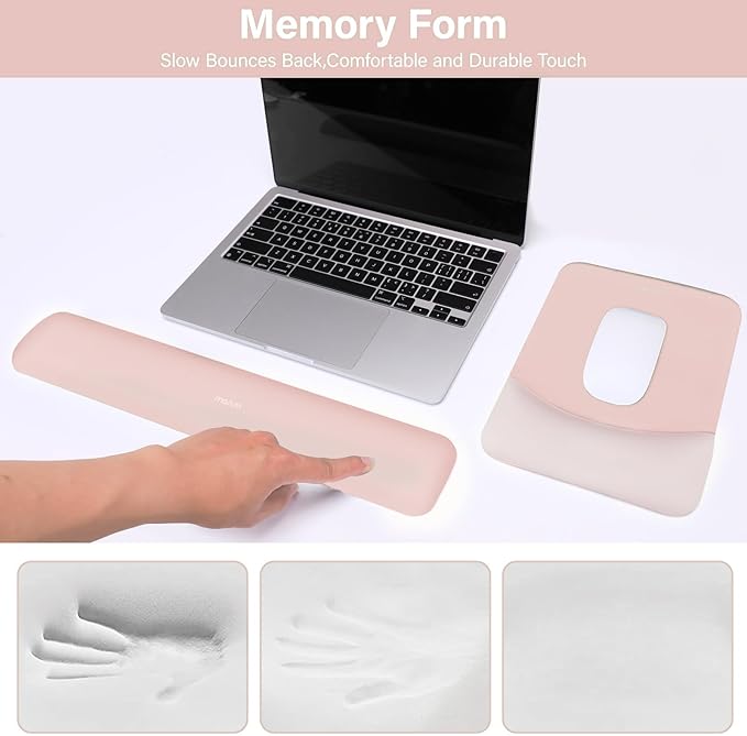 MOSISO Wrist Rest Support for Mouse Pad&Keyboard Set, Rectangular Ergonomic Mousepad Non-Slip Base Home/Office Pain Relief&Easy Typing Pad with Neoprene Cloth&Raised Silicone Lining, Baby Pink