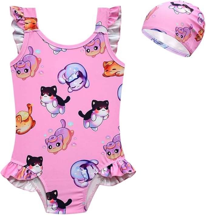 TOSUKAI Girls Graphic Swimsuit Ruffle Bathing Suits Kids Swimwear with Cap 6-12 Years