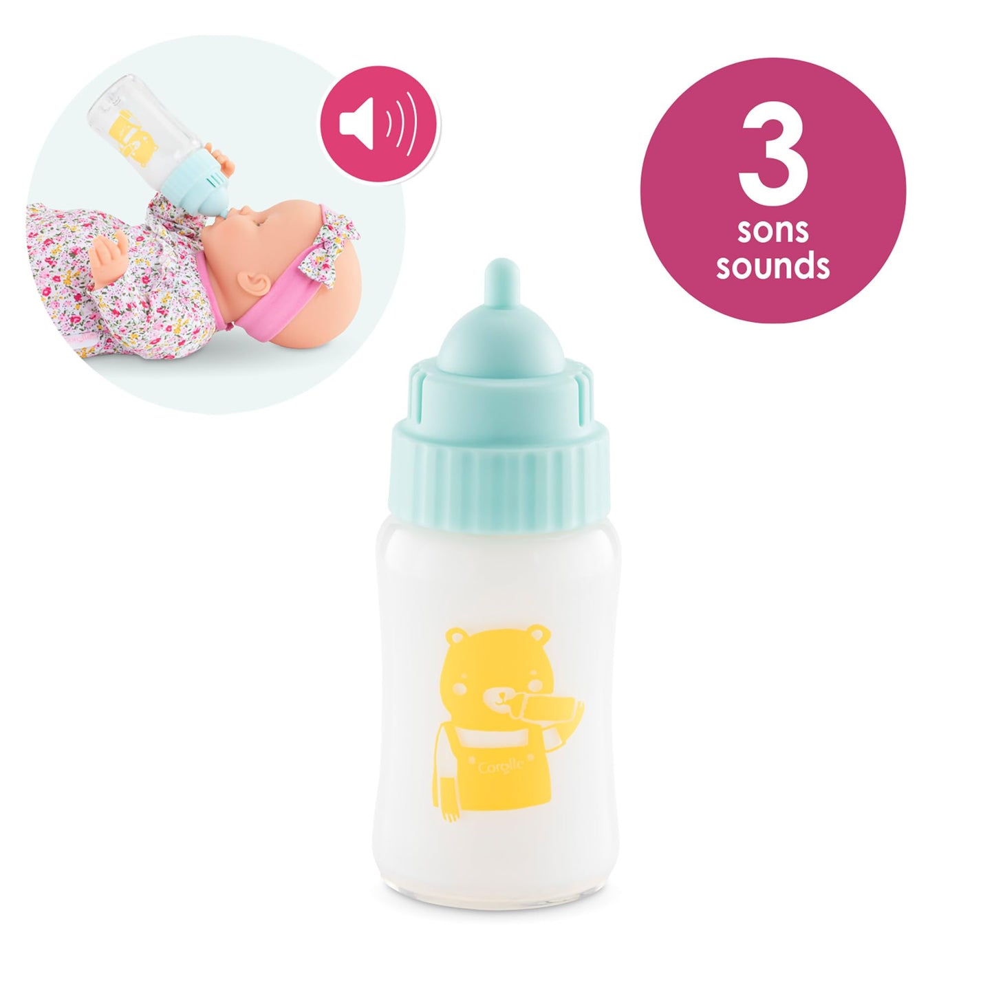 Corolle Magic Milk Baby Doll Bottle for 14-17", Interactive Baby Doll Accessories with 3 Realistic Sounds (Crying, Laughing, Sucking), Feeding Sounds, Batteries Included
