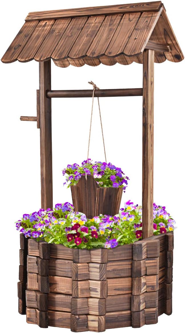 ReunionG Outdoor Wooden Wishing Well Garden Planter with Hanging Flower Bucket for Patio Garden Home Decor