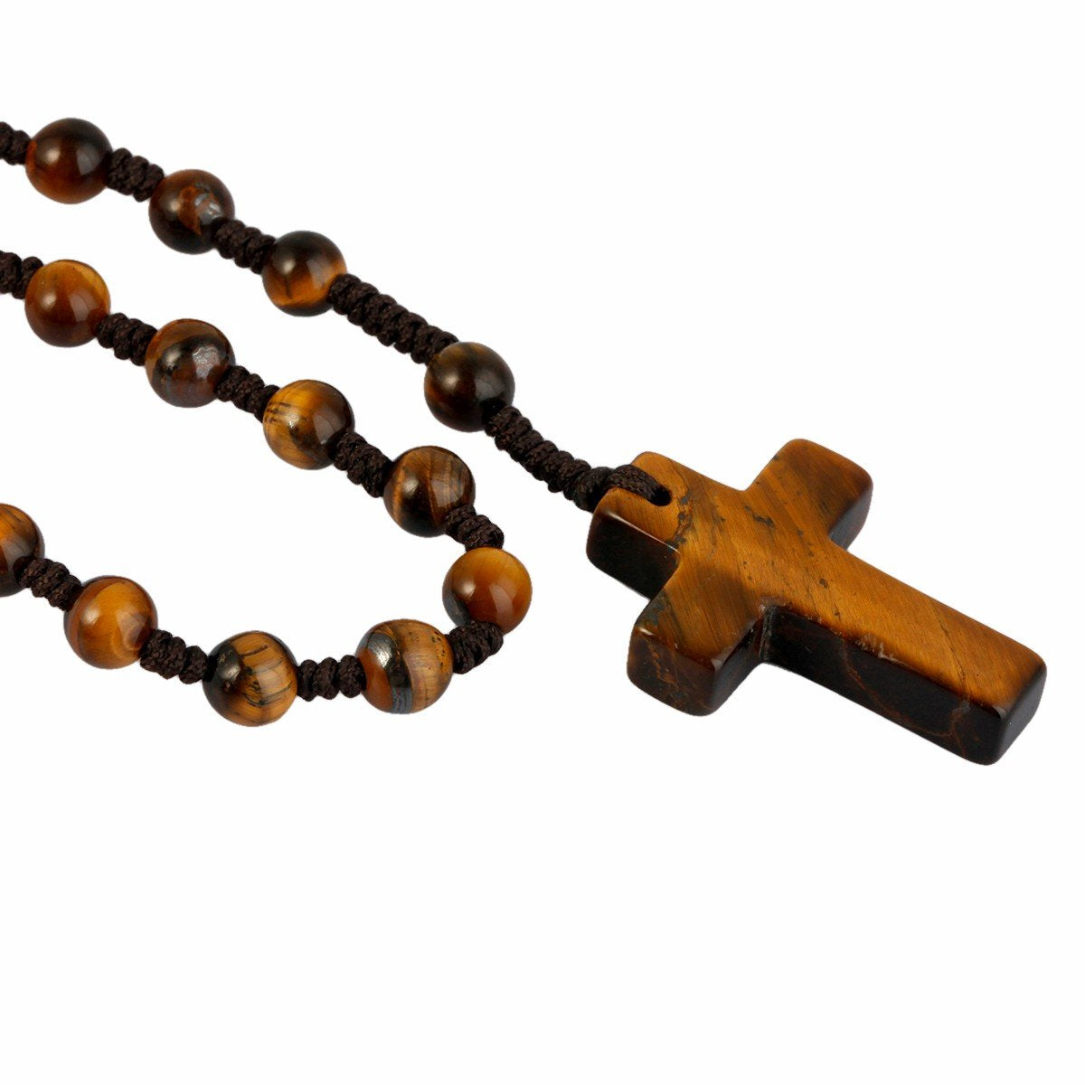TUMBEELLUWA Tiger's Eye Stone Cross Pendant Beaded Necklace for Men Women, Catholic Rosary Hand Knotted Necklace