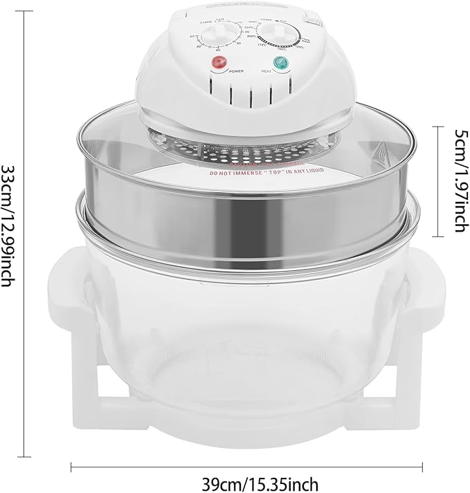 17L Turbo Air Fryer, Portable Glass Air Fryer Countertop Toaster Oven 360°Viewable Glass Halogen Oven Turbo Air Fryers Convection Temperature Control Range 32-482℉ for French Fries & Chips
