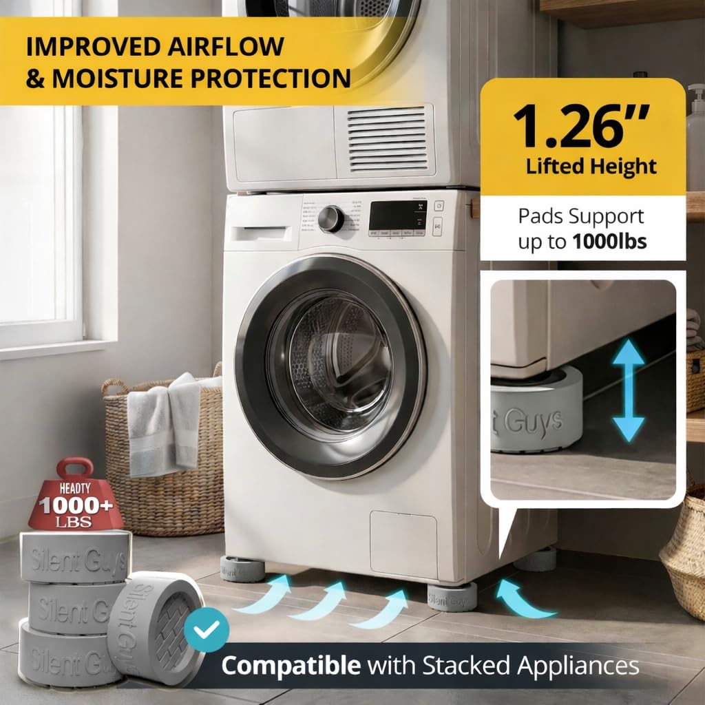 Silent Guys Anti Vibration Pads for Washing Machine (4 Pack) – Heavy Duty Washing Machine Anti-Vibration Pads, Universal Washer Feet, Grey Anti Vibration Mat