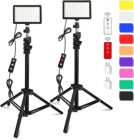 2 Pack 70 LED Video Light with Tripod Stand/Color Filters/Remote Control/USB Wall Charger, Obeamiu 5600K USB Studio Shooti...