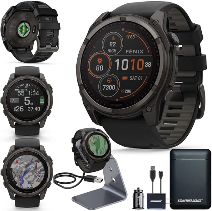 Garmin Fenix 8 Premium Multisport GPS Running Smartwatch, 51 mm, Sapphire, Solar, Dive-Rated, Built-in Flashlight, DLC Tit...