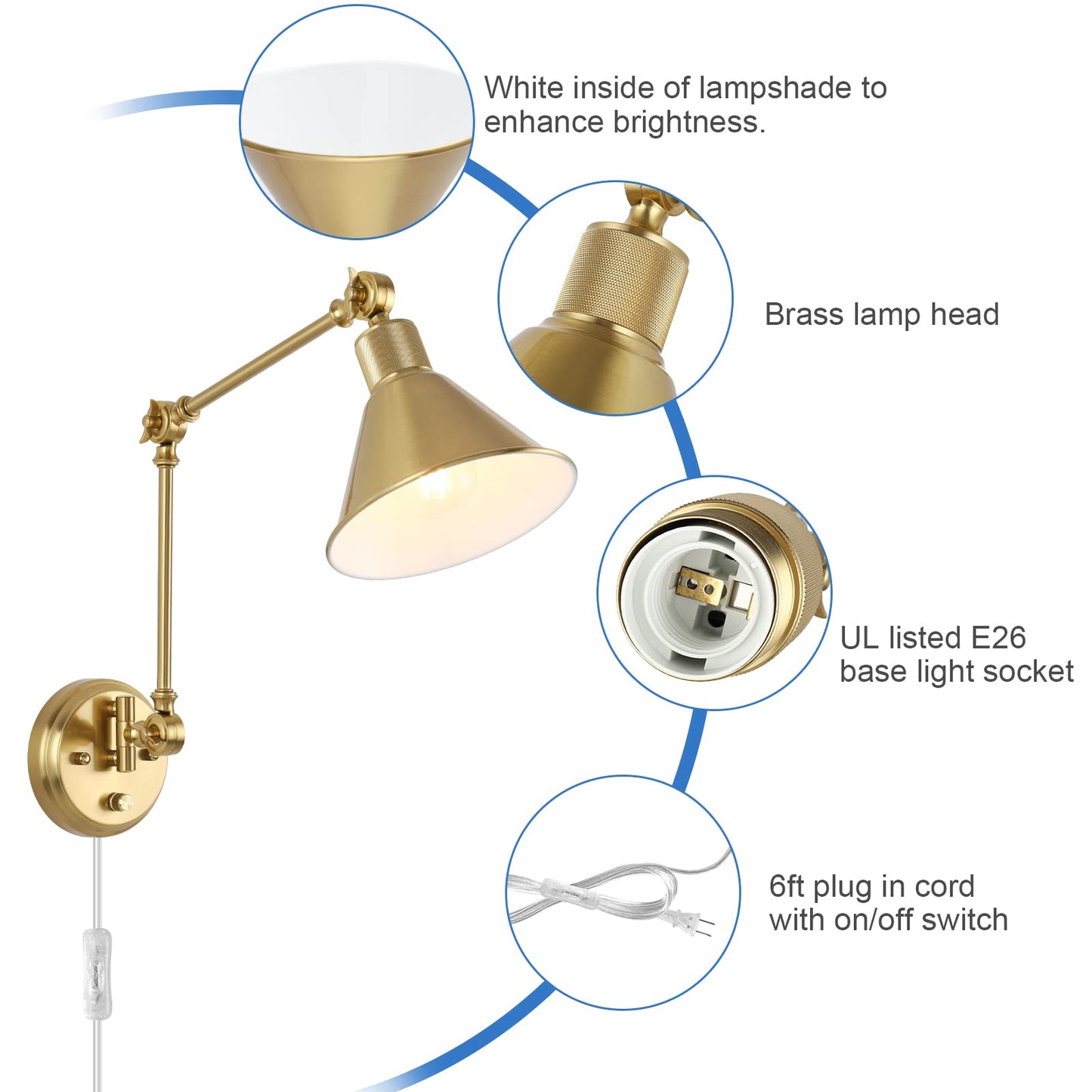 TRLIFE Wall Sconce, Brushed Brass, Dimmable, Swing Arm, E26 Base, Plug-in, 1 Pack
