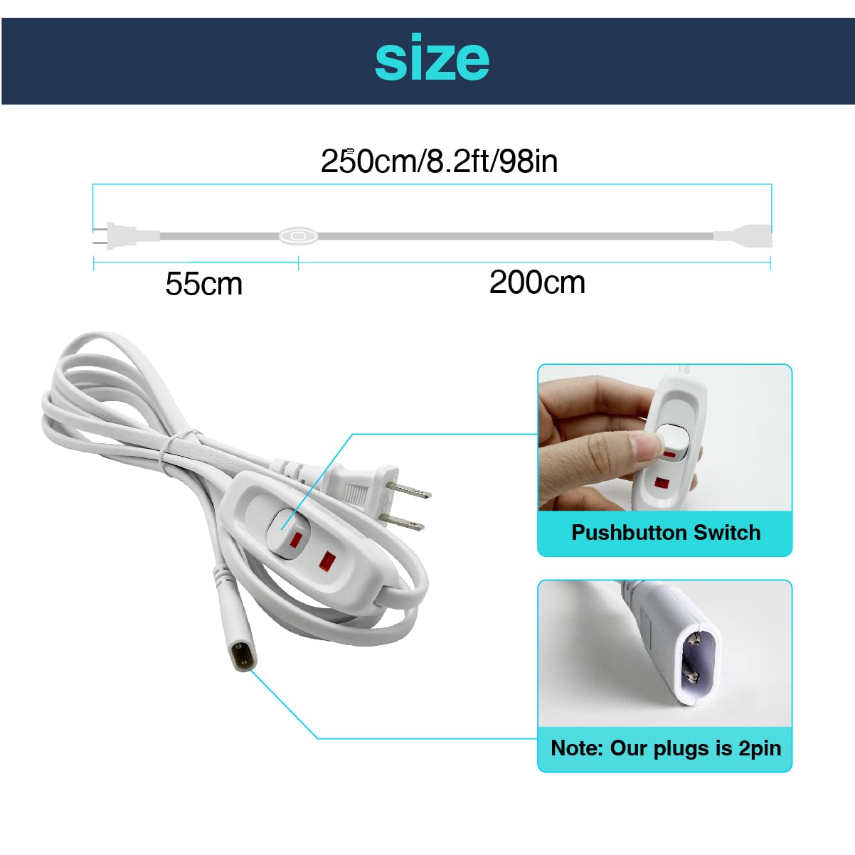 Cezelux 1 Pack Hardwire Power Cable Cord Connectors With Pushbutton 2Pin 8.2Ft Led Hexagon Garage Light Fixture Connector Accessory Replacement/Spare For Honeycomb Lighting Systems (2.5M Cable)