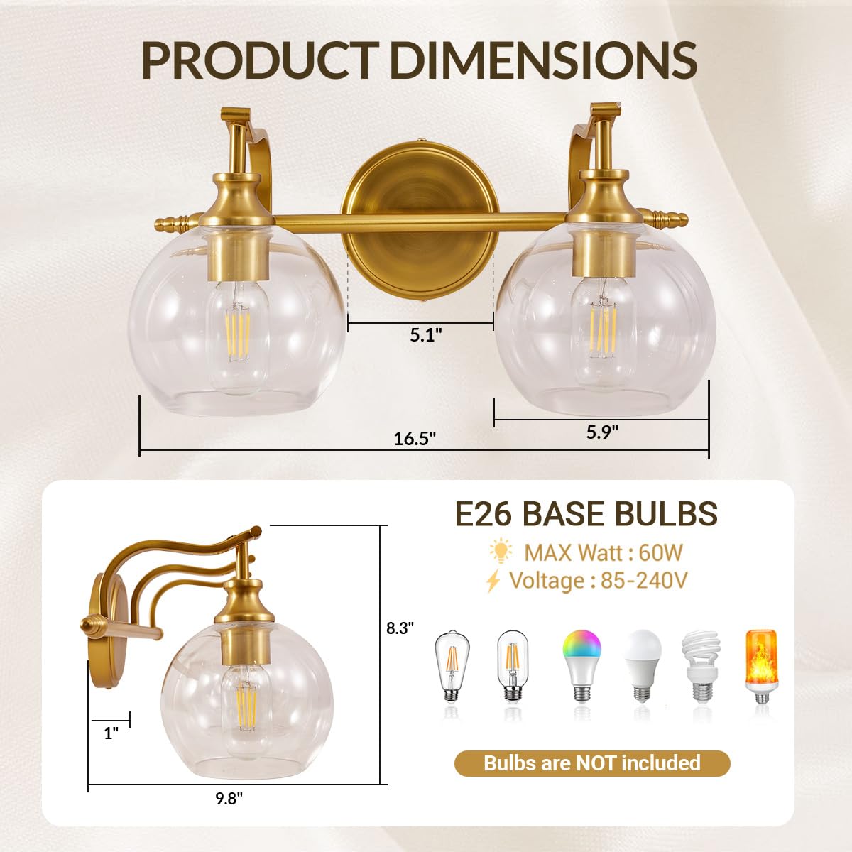 Andy Star 2 Light Bathroom Vanity Light  Brushed Gold Bathroom Light Fixtures  Wall Lighting With Clear Globe Glass Shades  Brass Wall Sconce For Living Room  Bedroom  Hallway