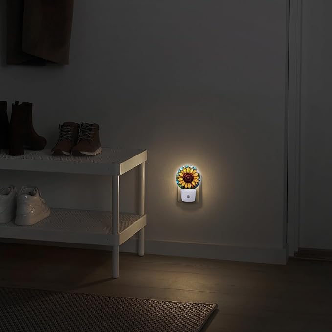 Round LED Night Lights Lamp with Dusk to Dawn Sensor, Yellow Sunflower in The Center Night Light Plug Into Wall for Kids Room, Bedroom, Bathroom, Kitchen, Hallway