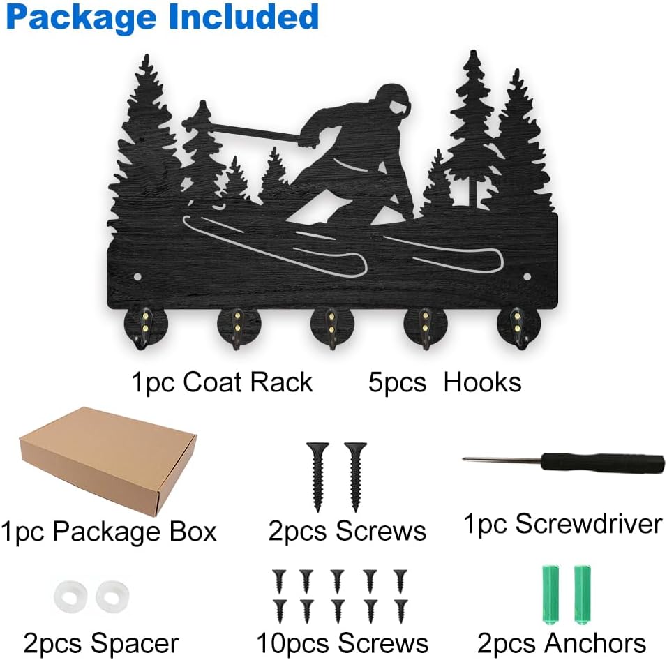 MAYJOYDIY Ski Tree Coat Racks Wood Outdoor Winter Sports Key Holder Wall Mount 11.8×7.9inch Black Key Hooks Rack 5 Alloy Hooks Home Decor Gifts Entryway Kitchen Bathroom Storage Organizer