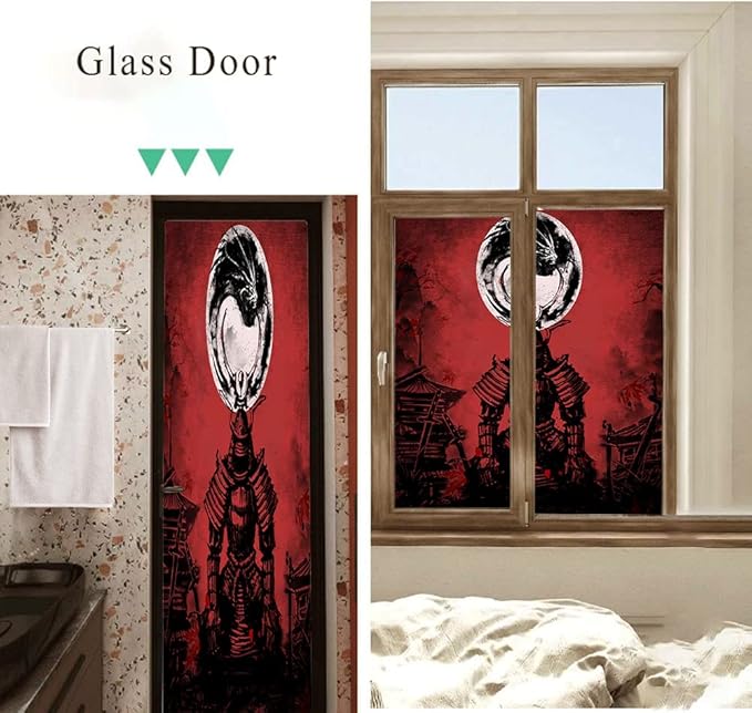 Japanese Samurai Window Film Abstract Vintage Samurai Blossom Dragon Full Moonstained Glass Window Film,Playroom Window Film,Nursery Window Film 35.4Wx78.7L-Inch X2Pcs