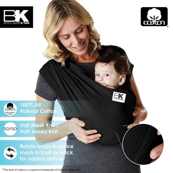 Breeze Baby K'tan Baby Carrier, #1 Easy Pre-Wrapped Baby Sling Gift | Breathable 100% Cotton Mesh | Hands Free Wrap for Infants | No Rings Or Buckles | Black | Medium