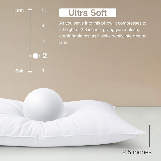Goose Feather Bed Pillow Queen Size Set of 2 - Hotel Down Pillows for Sleeping, Soft 600 Thread Count Cotton Cover, Fluffy Support Surround Fill Polyester for Back, Stomach, Side Sleepers