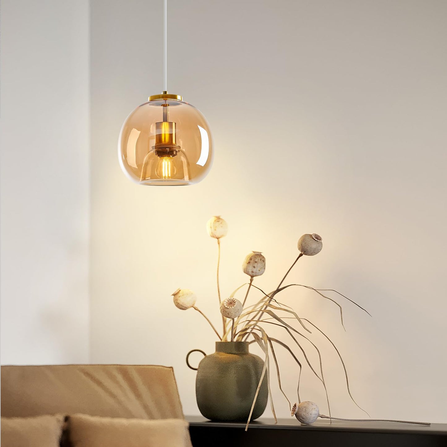 Lbsqj Amber Glass Pendant Lights Kitchen Island Gold Hanging Light Fixture Glass Globe Pendant Light Modern Pendant Lighting For Kitchen Island Bedroom Dining Room (7.87  1 Pack)