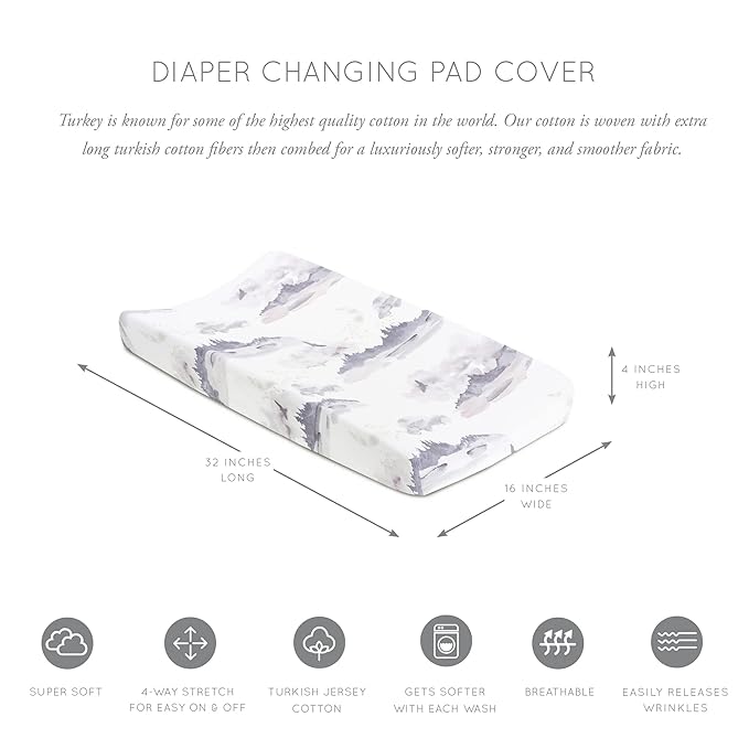 Oilo Changing Pad Cover, Breathable 100% Turkish Cotton Fitted Jersey, 300 Thread Count, Machine Washable, Fits Standard Changing Pads (32" x 16"), Girl, Boy, & Neutral Nursery Design, Misty Mountain