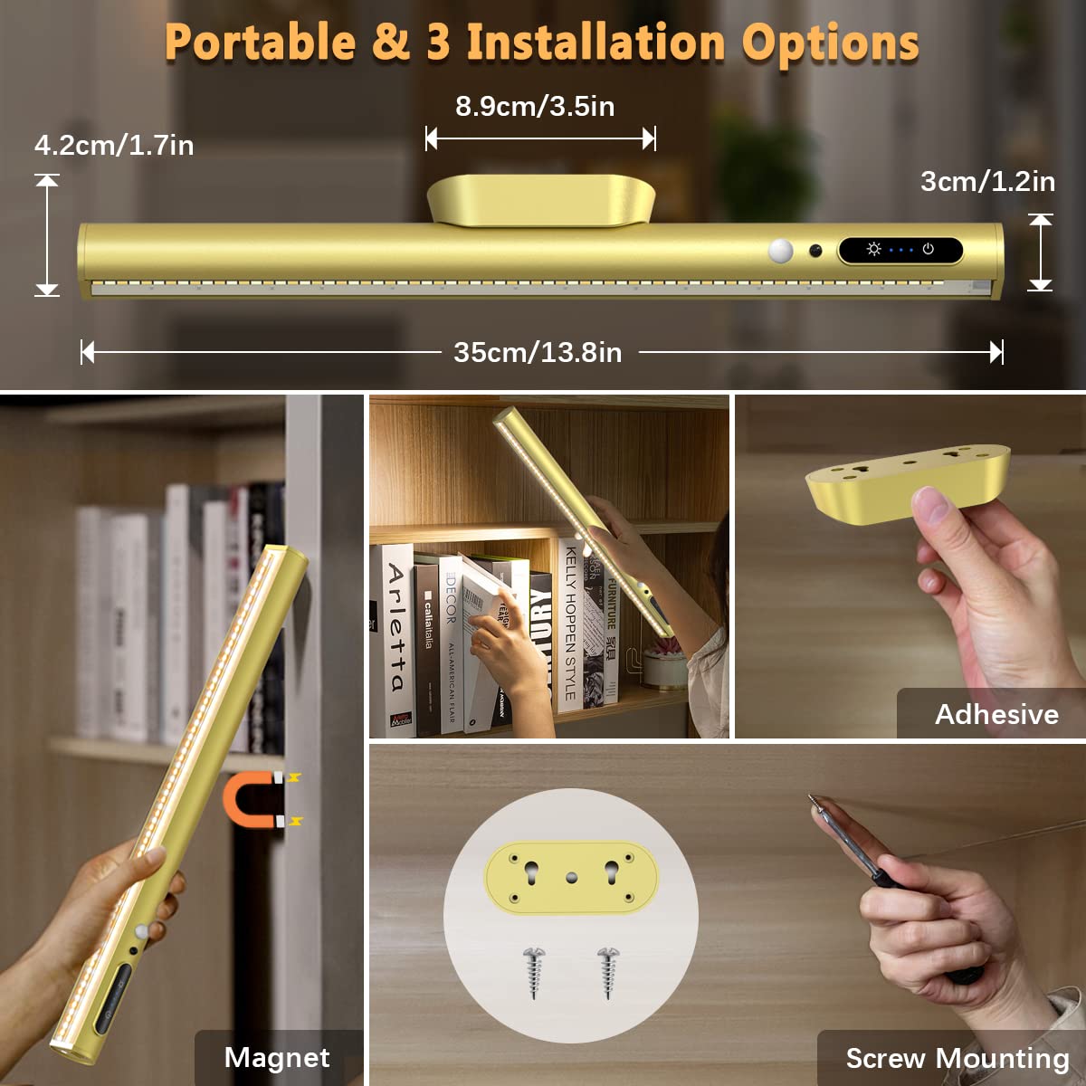 Hapfish Motion Sensor LED Light Bar Indoor, Rechargeable Under Cabinet Lighting Wireless, Magnetic Battery Powered Operated Wall Strip Lights with Remote Control for Picture Mirror Closet Room –Gold