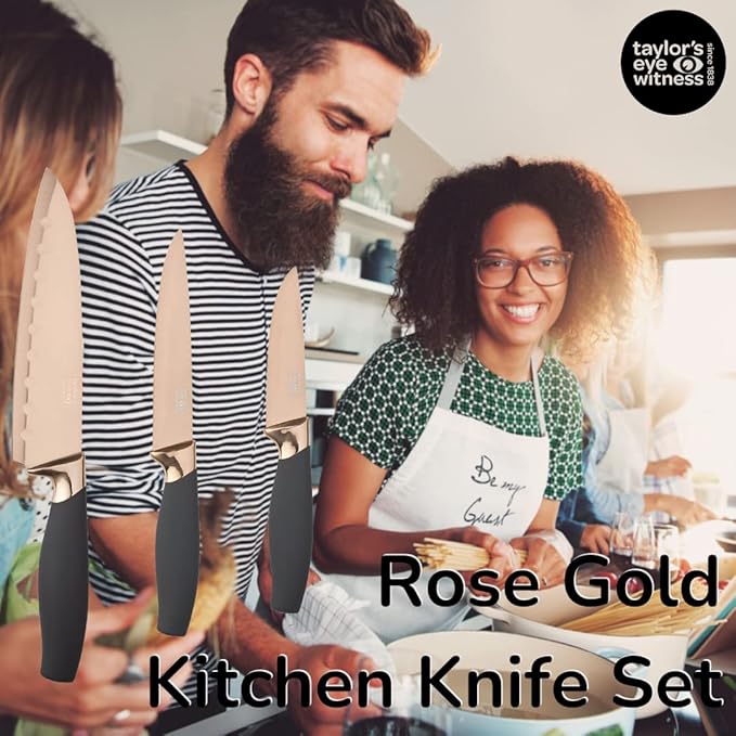3pc Kitchen Knife Gift Set - Brooklyn by Taylors Eye Witness. Rose Gold Colored Bolsters, Matching Finely Ground Razor Sharp Titanium Coated Blades. Soft Grip Handles. 2yr Peace of Mind
