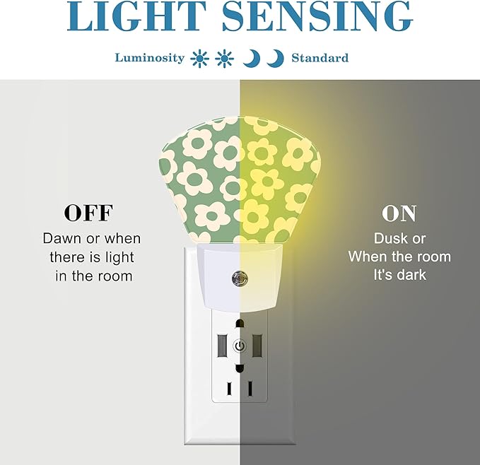 Vintage Green Flowers Night Light, Groovy Flowers Nightlight Plug into Wall with Dusk to Dawn Sensor for Kid Girls Boys Women Men Bedroom, Hallway, Kitchen, Bathroom, Stairs Decor