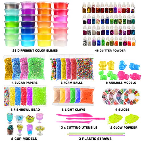126 Pcs DIY Slime Making Kit for Girls Boys - Birthday Idea for Kids Age 5+. Ultimate Supplies Include 28 Crystal Slime, 2...