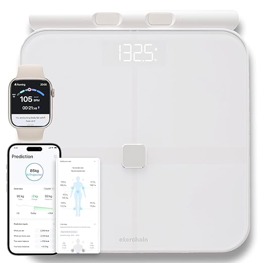 ExerScale AI Smart Scale with Body Weight Prediction, BMI, Body Fat, Muscle Mass, Workout, Food Tracking, Bluetooth Digita...